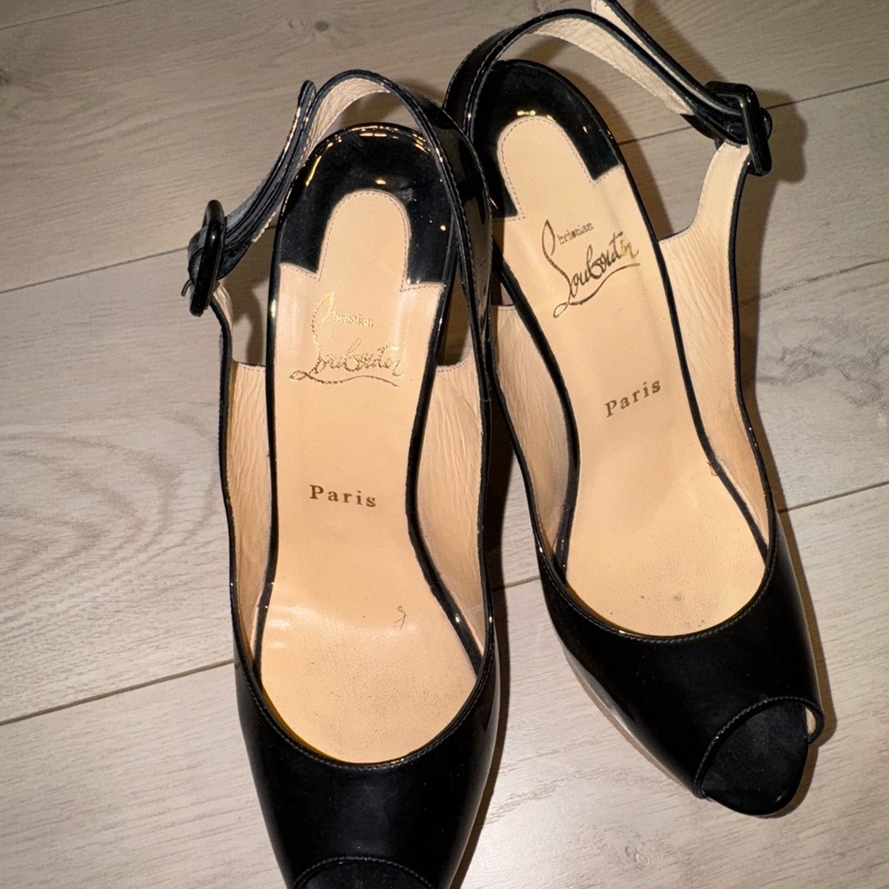 Christian Louboutin Black Peep-Toe Slingback Heels